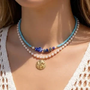 Ceramiczny choker boho z rybką, ręcznie robiony naszyjnik letni Nc26y0064