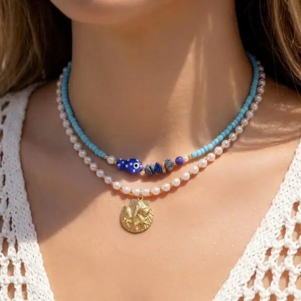 Ceramiczny choker boho z rybką, ręcznie robiony naszyjnik letni Nc26y0064