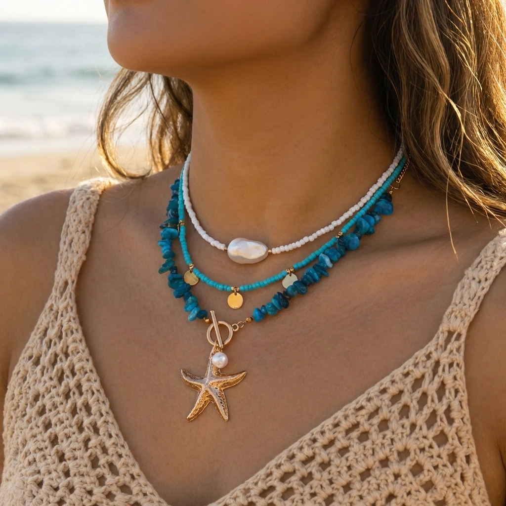 Ceramiczny choker boho z rybką, ręcznie robiony naszyjnik letni Nc26y0079