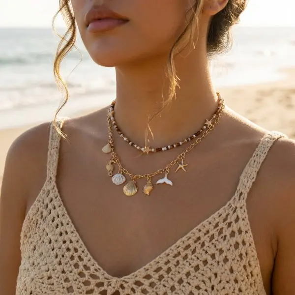 Ceramiczny choker boho z rybką, ręcznie robiony naszyjnik letni Nc26y0130