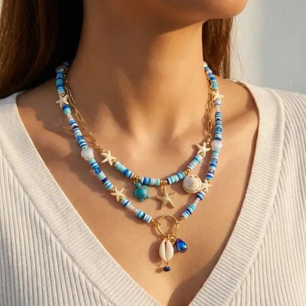 Ceramiczny choker boho z rybką, ręcznie robiony naszyjnik letni Nc26y0182
