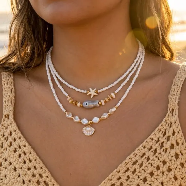 Ceramiczny choker boho z rybką, ręcznie robiony naszyjnik letni Nc26y0183