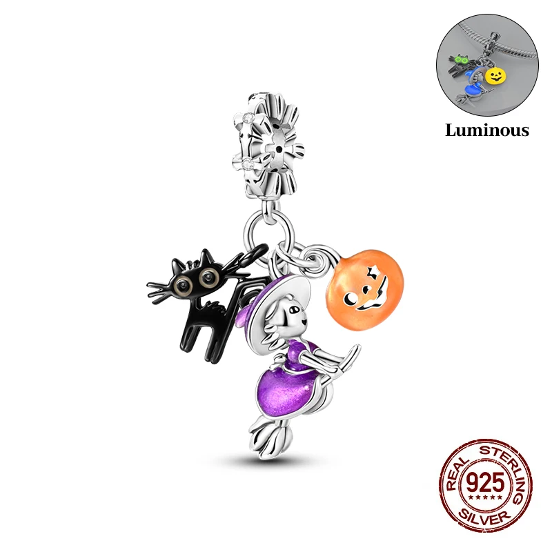 Charms koralik srebro 925 świecąca dynia i duch na Halloween Wielokolorowy