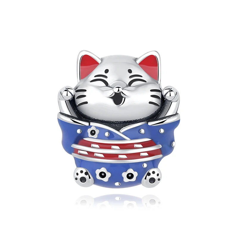 Charms kota szczęścia Maneki Neko srebro 925 z cyrkoniami Błękitny
