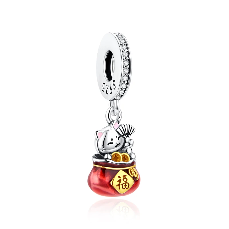 Charms kota szczęścia Maneki Neko srebro 925 z cyrkoniami Brązowy