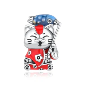 Charms kota szczęścia Maneki Neko srebro 925 z cyrkoniami Fioletowy