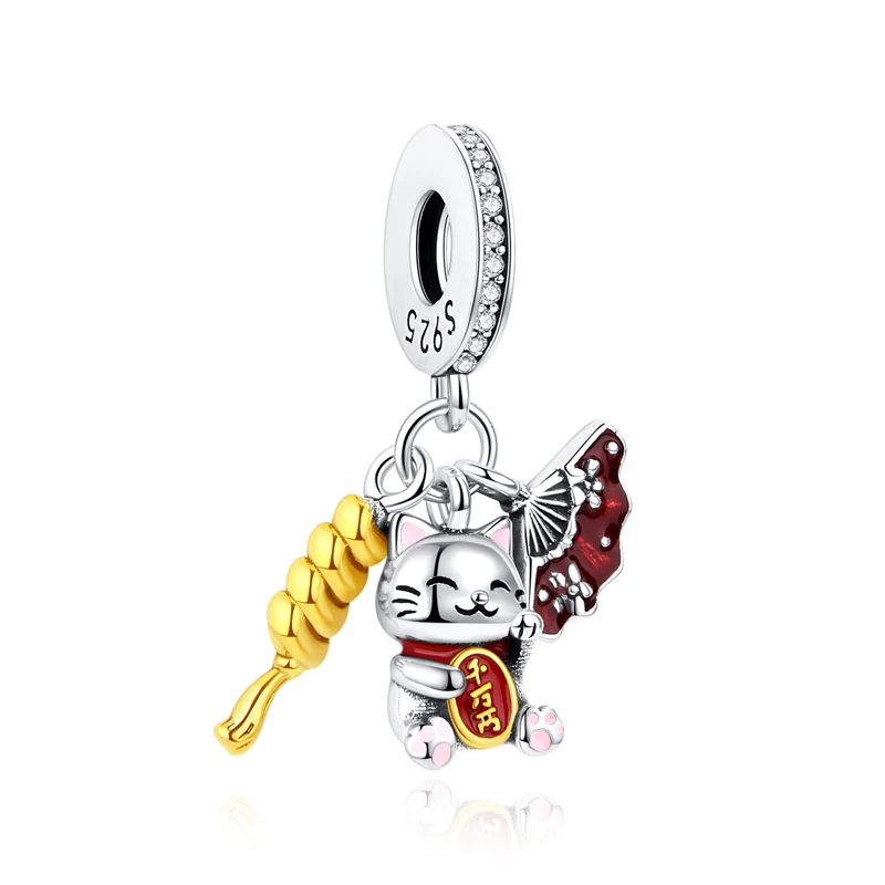 Charms kota szczęścia Maneki Neko srebro 925 z cyrkoniami Jasny
