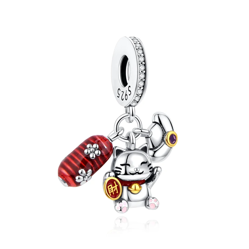 Charms kota szczęścia Maneki Neko srebro 925 z cyrkoniami Pomarańczowy