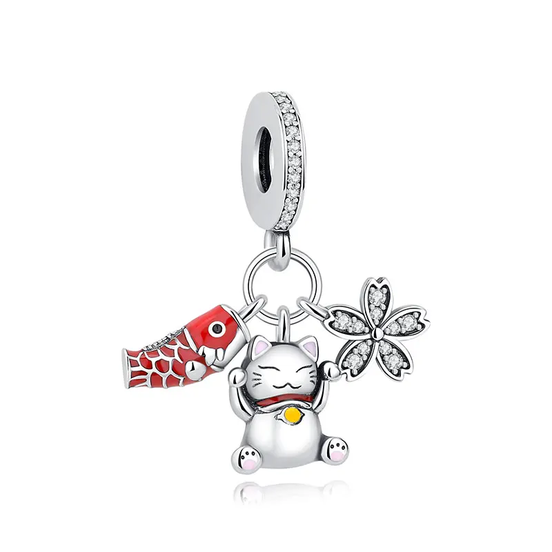 Charms kota szczęścia Maneki Neko srebro 925 z cyrkoniami Szary