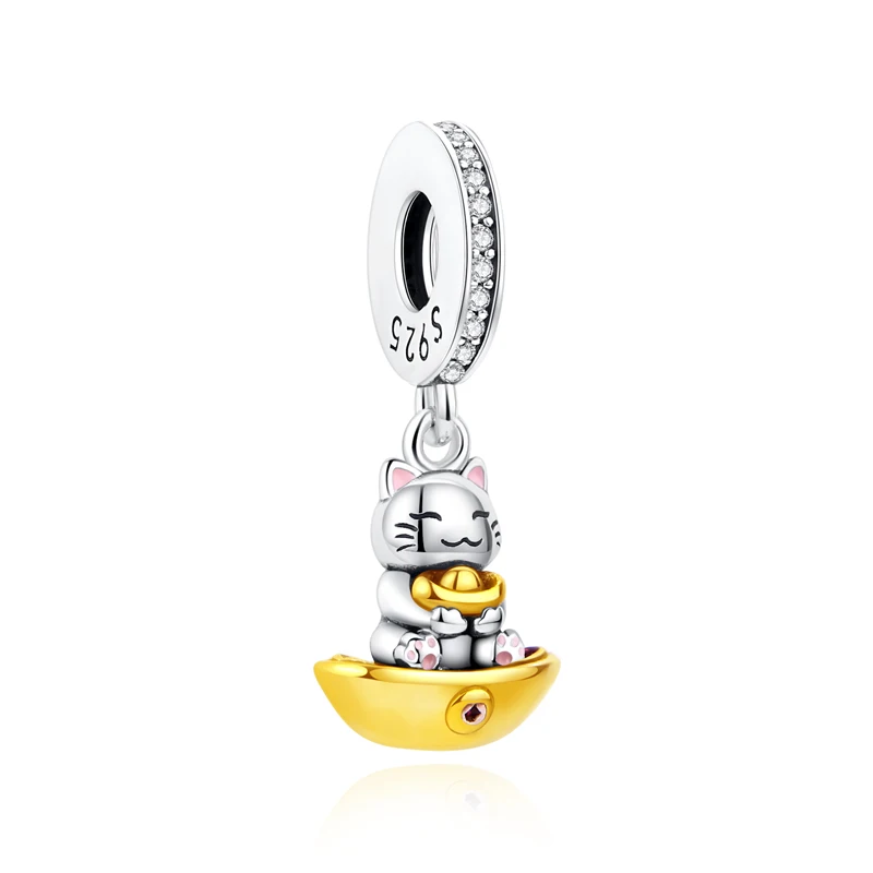 Charms kota szczęścia Maneki Neko srebro 925 z cyrkoniami Złoto
