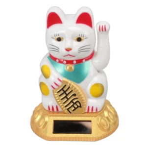 Chiński kot szczęścia z ruchomą łapką – solarna figurka Maneki-neko Biały