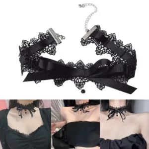 Choker z czarną koronką i kokardką w stylu vintage Uniwersalny