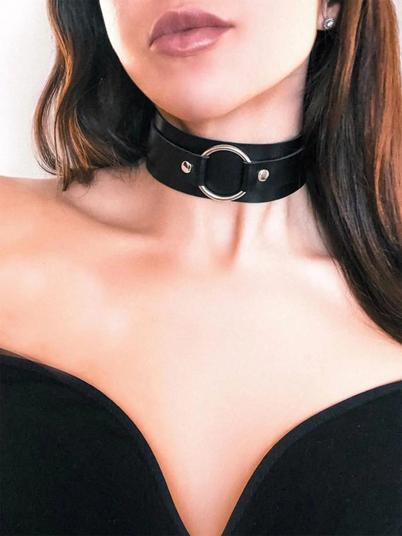 Choker gotycki ze skóry PU z kółkiem O-ring regulowany Zielony