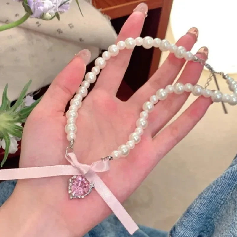 Choker z perłami i kokardką Y2K – słodki naszyjnik na obojczyk Lolita Czerwony brązowy