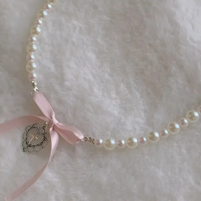 Choker z perłami i kokardką Y2K – słodki naszyjnik na obojczyk Lolita Kolor jasnożółtego złota
