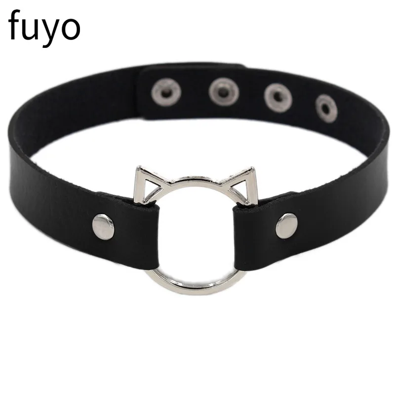 Choker punk z eko-skóry z kotem i sercem, styl gotycki Czarny