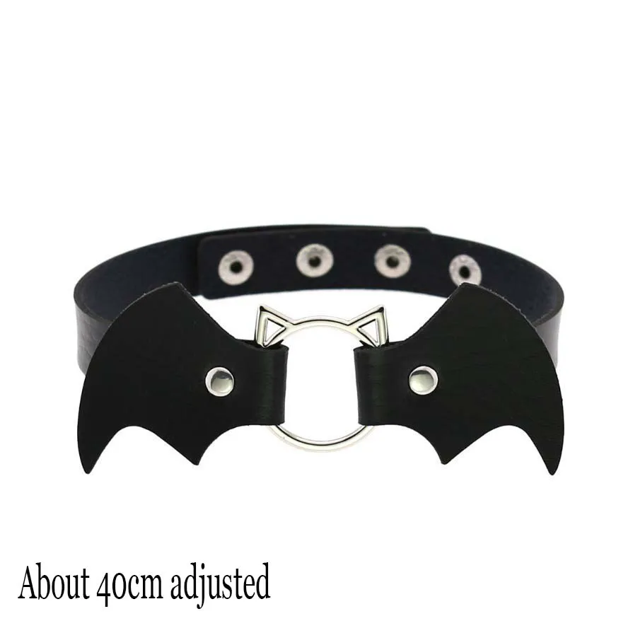 Choker skórzany gotycki – czarny naszyjnik na szyję z zawieszką Cat bat
