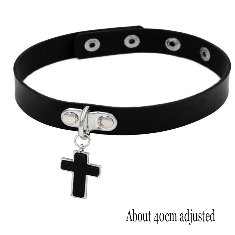 Choker skórzany gotycki - czarny naszyjnik na szyję z zawieszką Cross