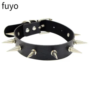 Choker skórzany gotycki - obroża z regulacją w stylu punk Czarny