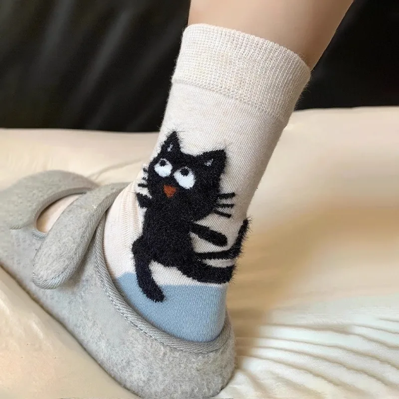 Ciepłe skarpetki zimowe z nadrukiem kota bawełniane unisex Błękitny