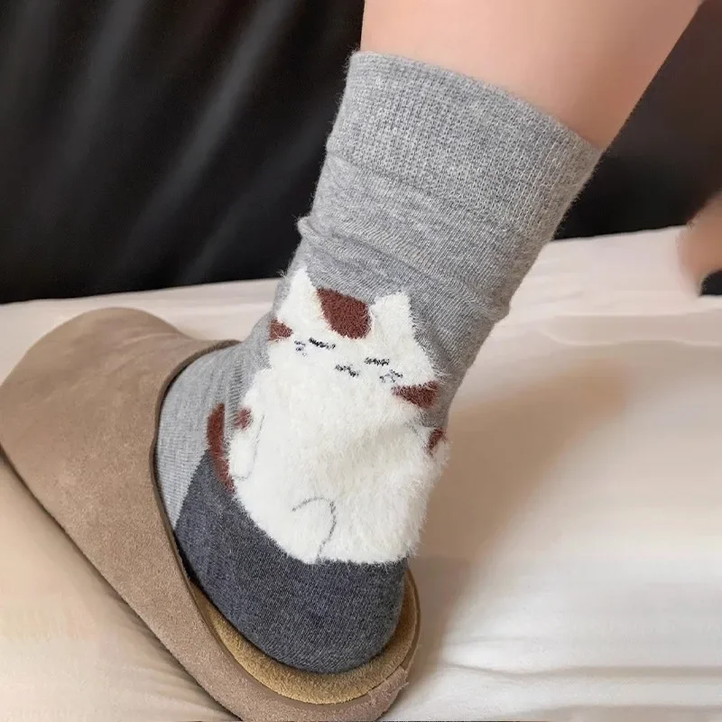 Ciepłe skarpetki zimowe z nadrukiem kota bawełniane unisex Niebieski