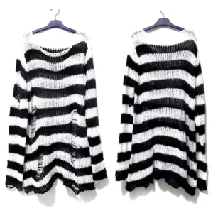 Cienki sweter unisex w stylu punk gothic z dziurami Biały