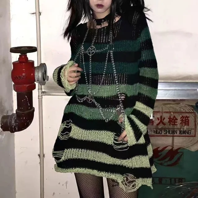 Cienki sweter unisex w stylu punk gothic z dziurami Zielony