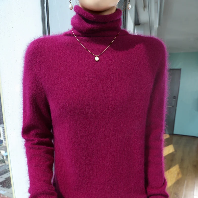 Ciepły sweter damski z półgolfem, oversize duże rozmiary Burgund