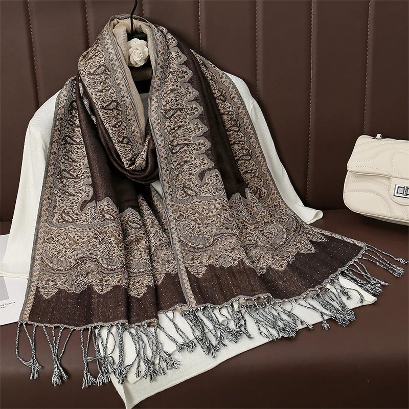 Ciepły szal damski pashmina ze wzorem żakardowym T102 15