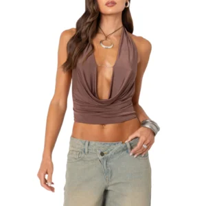 Crop top bez pleców z głębokim dekoltem Y2K styl vintage Czarny
