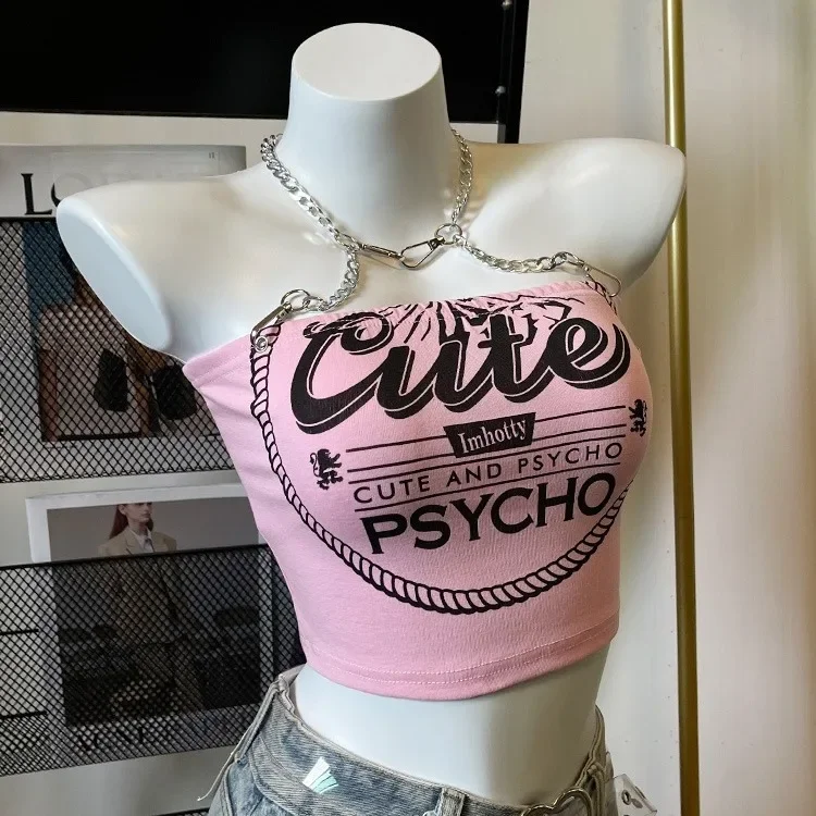 Crop top damski z łańcuszkiem i odkrytymi plecami w stylu Y2K Beżowy