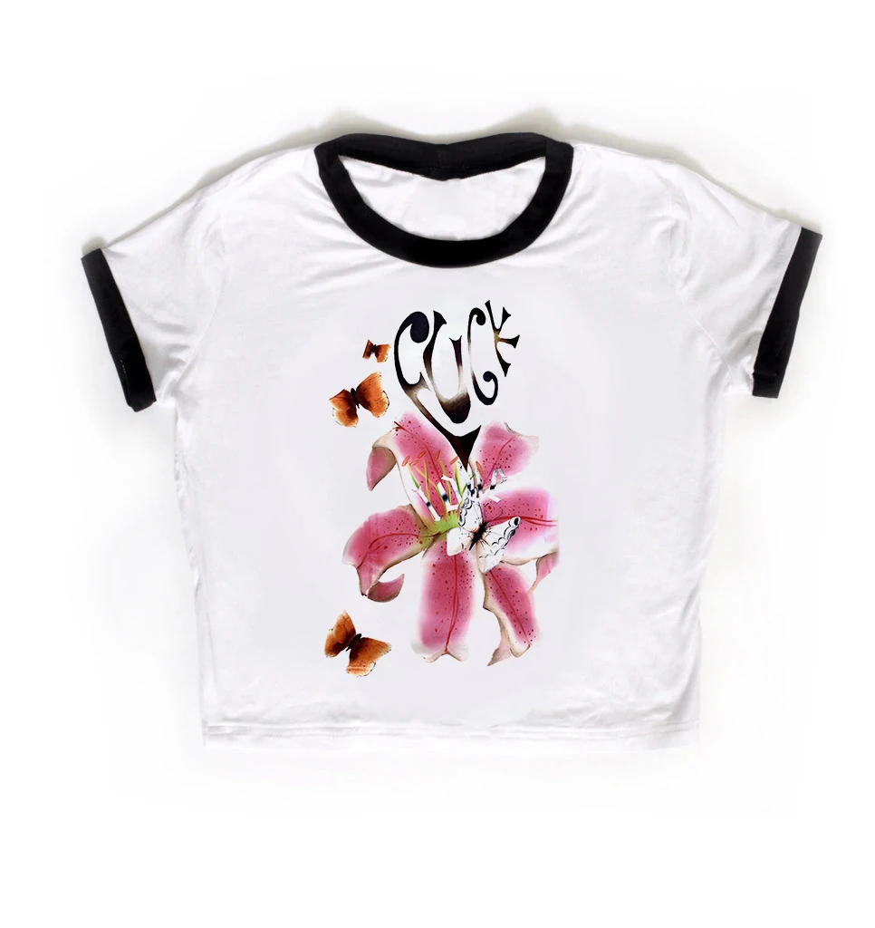 Crop top Y2K Goth z grafiką — damska koszulka streetwear Czarny