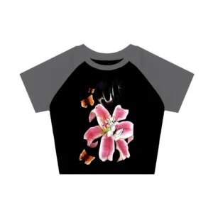 Crop top Y2K Goth z grafiką — damska koszulka streetwear Niebieski