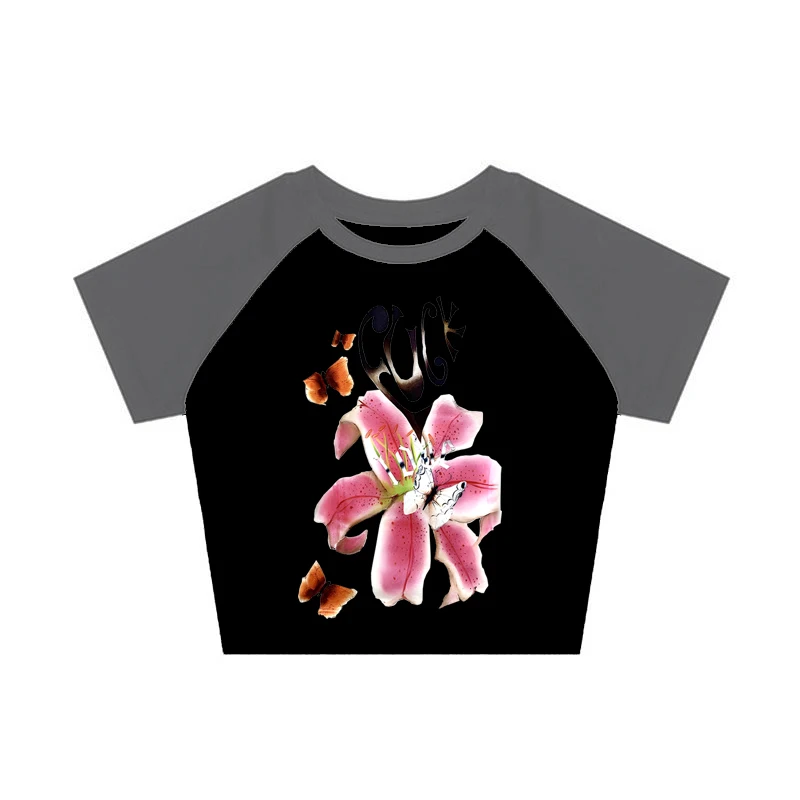 Crop top Y2K Goth z grafiką — damska koszulka streetwear Niebieski