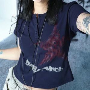 Crop top Y2K z nadrukiem gwiazd, styl Harajuku streetwear Niebieski
