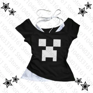 Crop top Y2K z kreskówkowym nadrukiem slim baby tee grunge Czarny