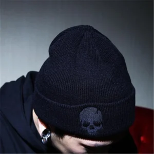 Czapka beanie dzianinowa z nadrukiem czaszki Punk Hip Hop Czarny