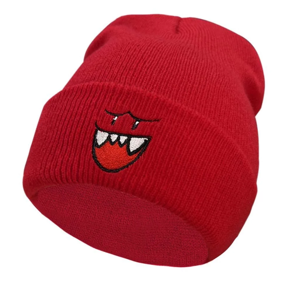 Czapka beanie z haftem uśmiechniętej buźki Czerwony