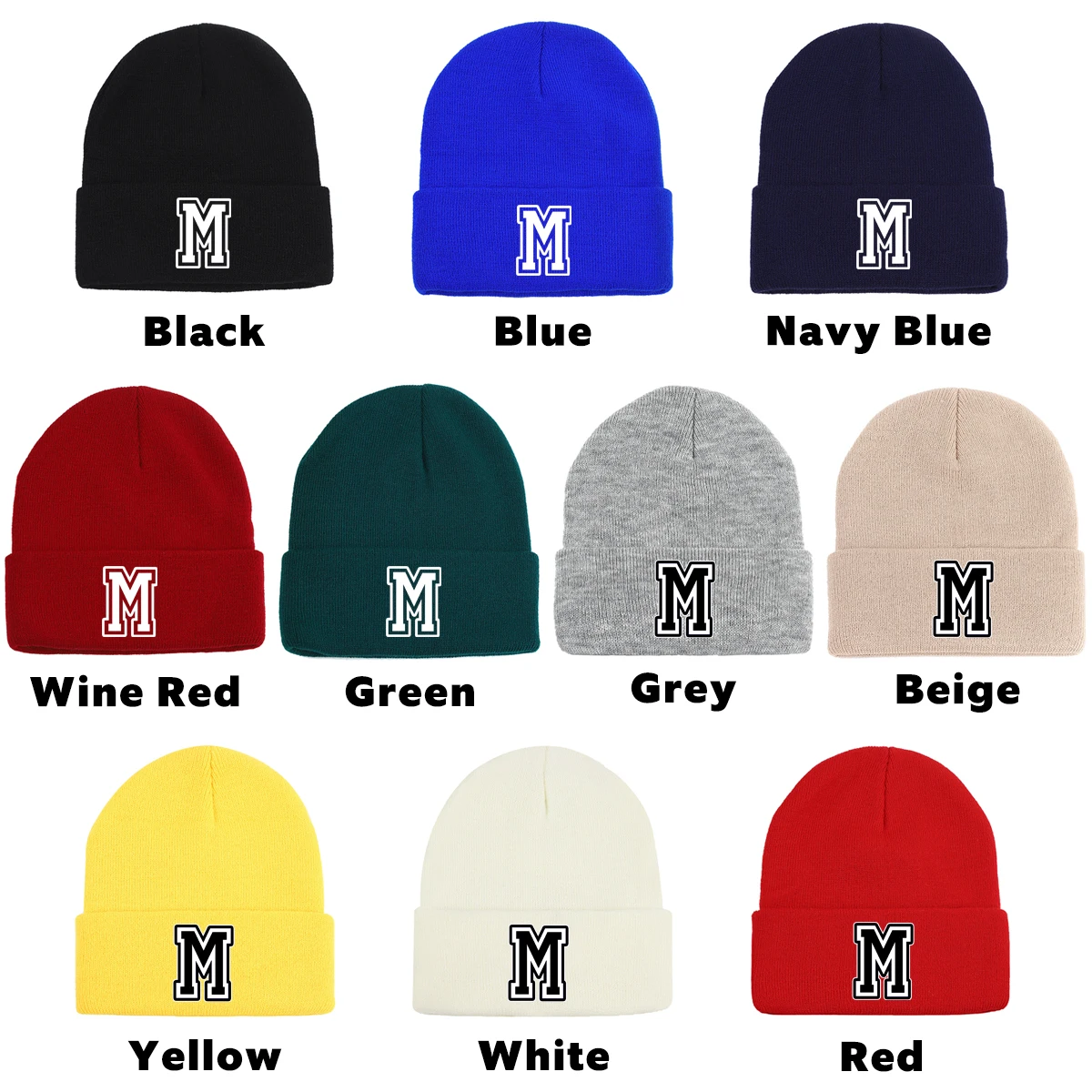 Czapka beanie z literą, dzianinowa, unisex na zimę Litera m