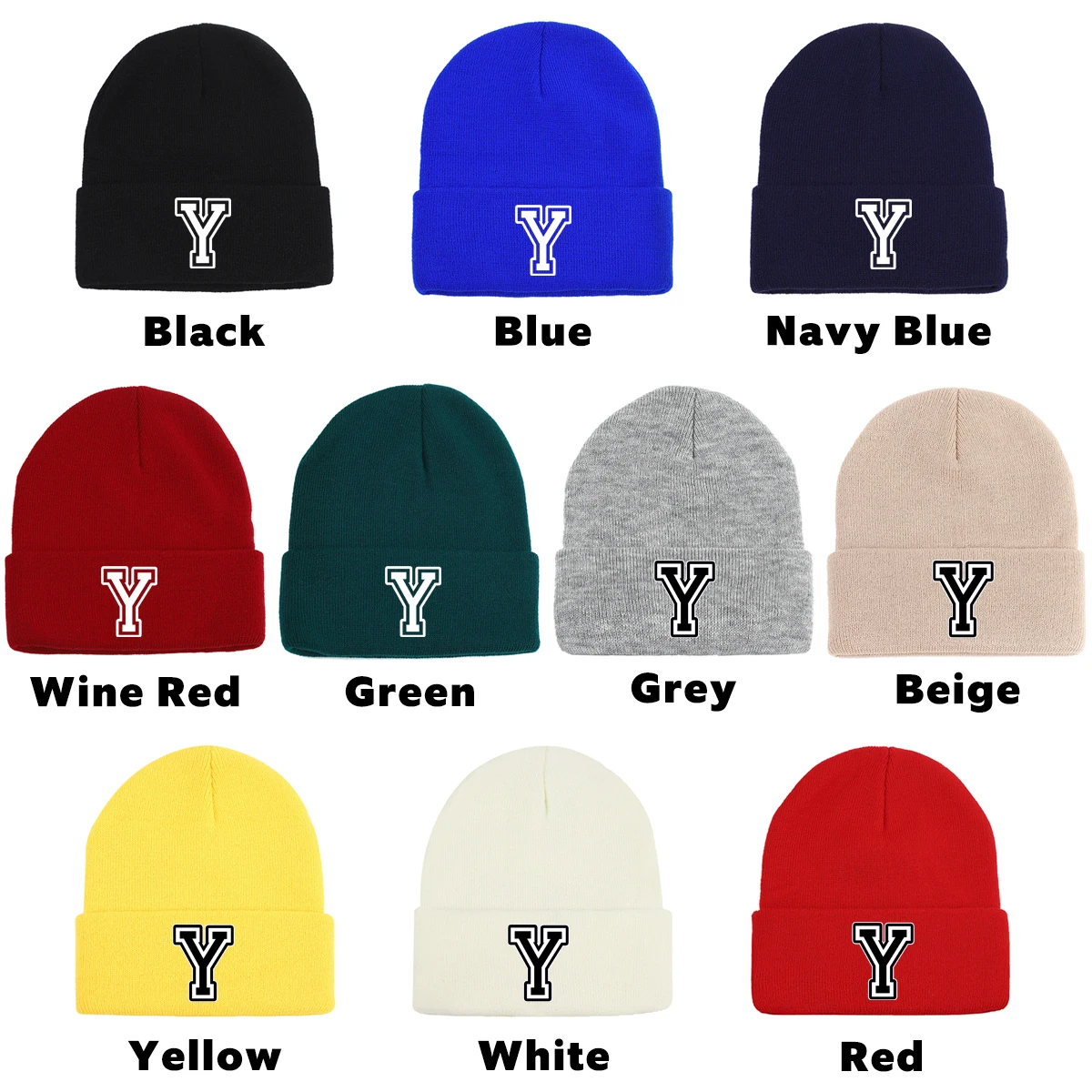Czapka beanie z literą, dzianinowa, unisex na zimę Litera y