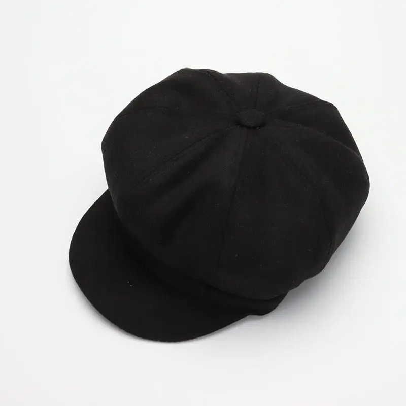 Czapka gazeciarska wełniana ośmiokątna unisex - jesień i zima Czarny