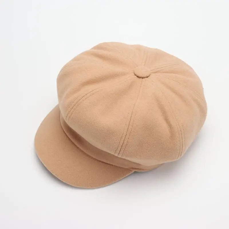 Czapka gazeciarska wełniana ośmiokątna unisex - jesień i zima Camelowy