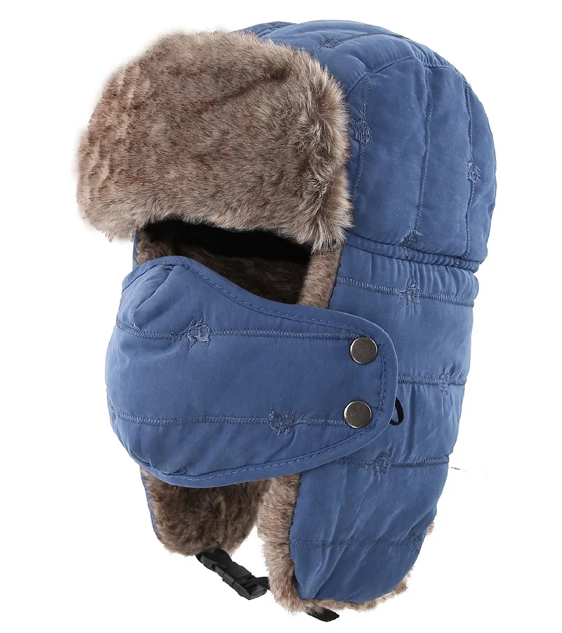 Czapka traperska Ushanka męska z odpinaną maską na zimę Niebieski