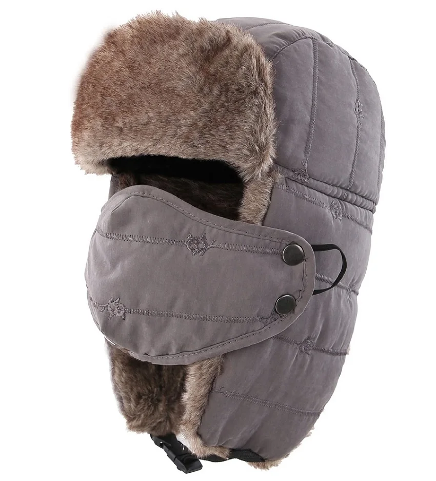 Czapka traperska Ushanka męska z odpinaną maską na zimę Szary