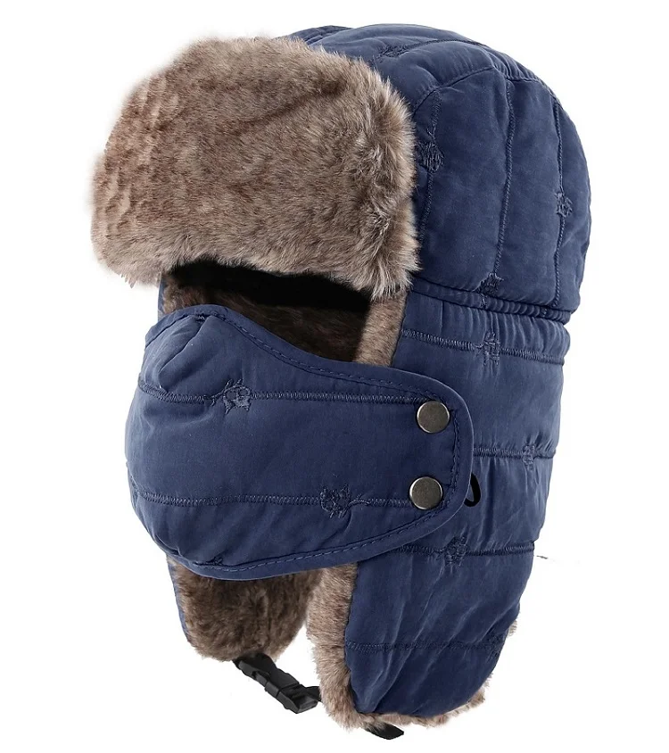 Czapka traperska Ushanka męska z odpinaną maską na zimę Granatowy