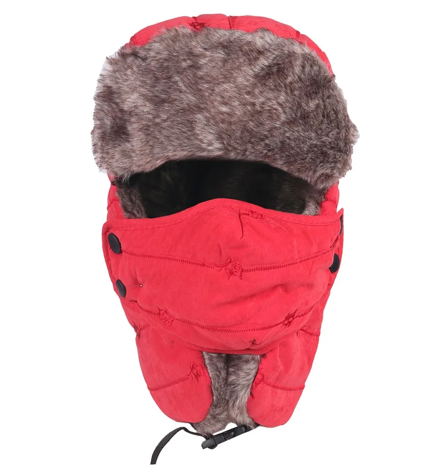 Czapka traperska Ushanka męska z odpinaną maską na zimę Czerwony