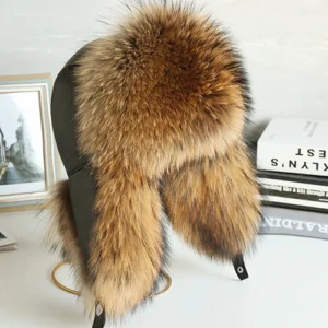 Zimowa czapka uszanka z naturalnego futra, ciepła, z nausznikami Raccoon fur 1