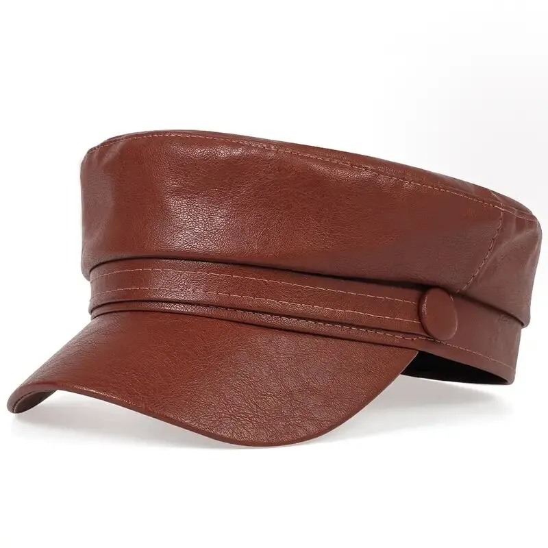 Czapka z daszkiem z eko-skóry w stylu wojskowym Khaki