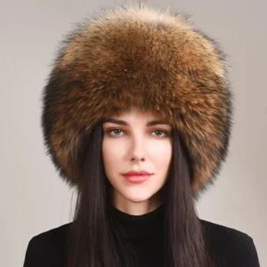 Czapka z naturalnego futra lisa z nausznikami, ciepła na zimę Raccoon fur