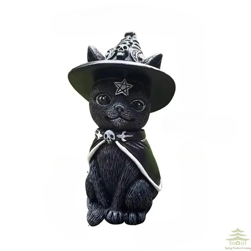 Czarna figurka kota wiedźmy — ręcznie malowana statuetka Halloween Jasnoszary